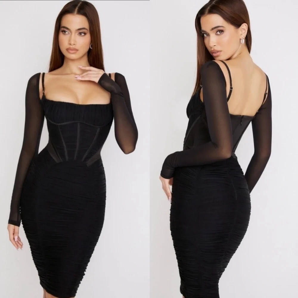 House Of Cb Freyja Black Gathered Corset Dress Size Xs